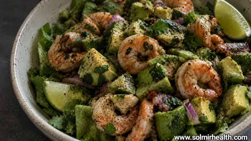 Grilled shrimp, avocado, and lime salad over romaine
