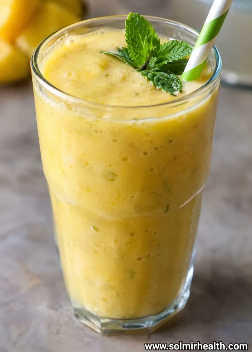 Tropical pineapple mango smoothie garnished with mint