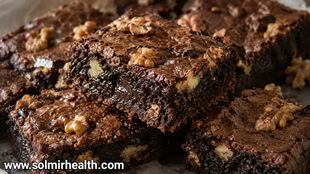 Low carb walnut brownies topped with chopped walnuts