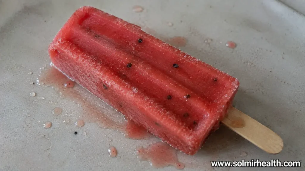 Watermelon protein popsicles in a light pink shade, garnished with fresh mint leaves.