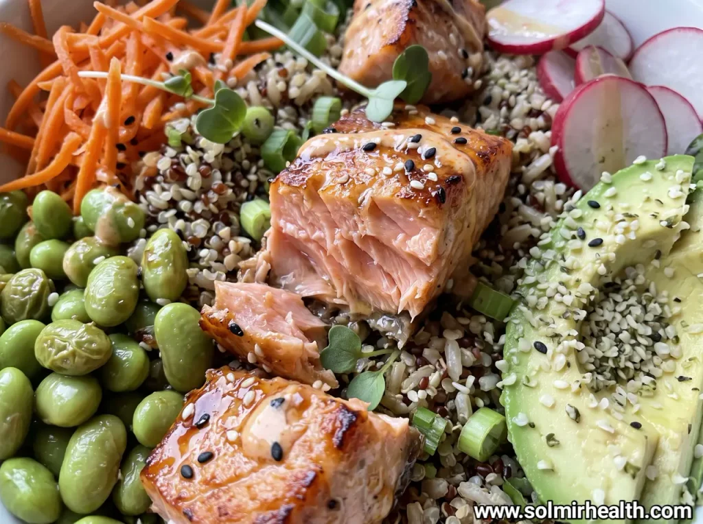 Salmon power bowl with roasted salmon, asparagus, avocado, cauliflower rice and sesame seeds over spinach