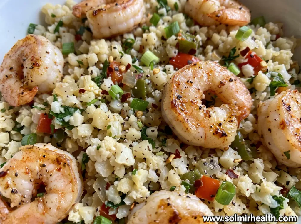 Shrimp cauliflower bowl with seasoned shrimp, cauliflower rice, red cabbage, avocado and lime wedges