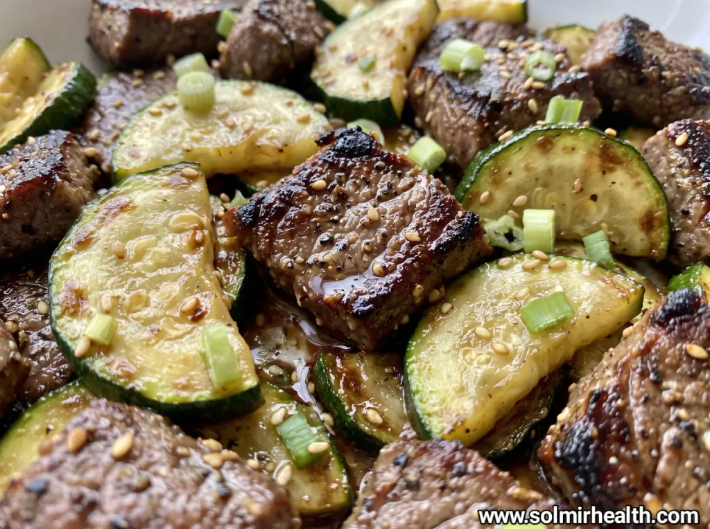 Steak zucchini bowl with sliced steak, browned mushrooms, zucchini noodles, spinach and grated Parmesan