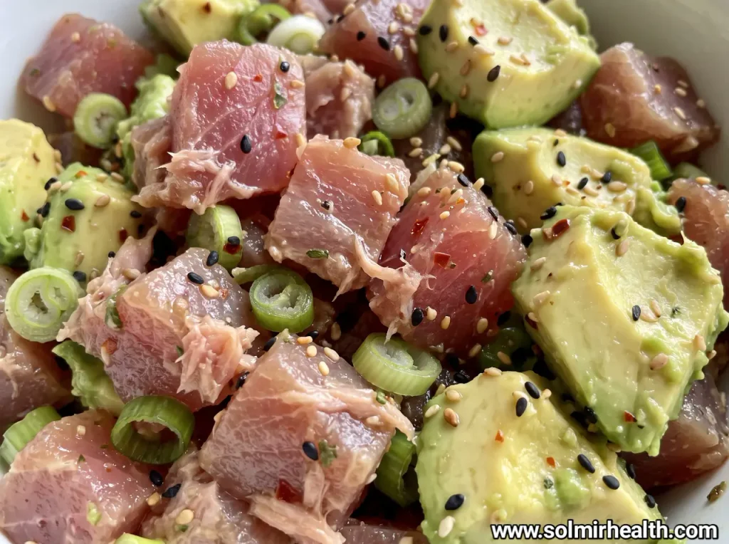 Tuna avocado bowl with creamy tuna, halved hard boiled eggs, cucumber and spinach, one of six low carb protein bowls