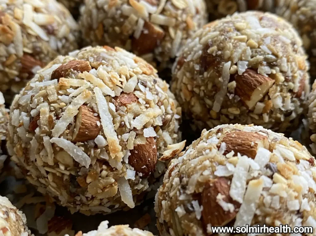 Almond coconut bites rolled in shredded coconut on a small plate