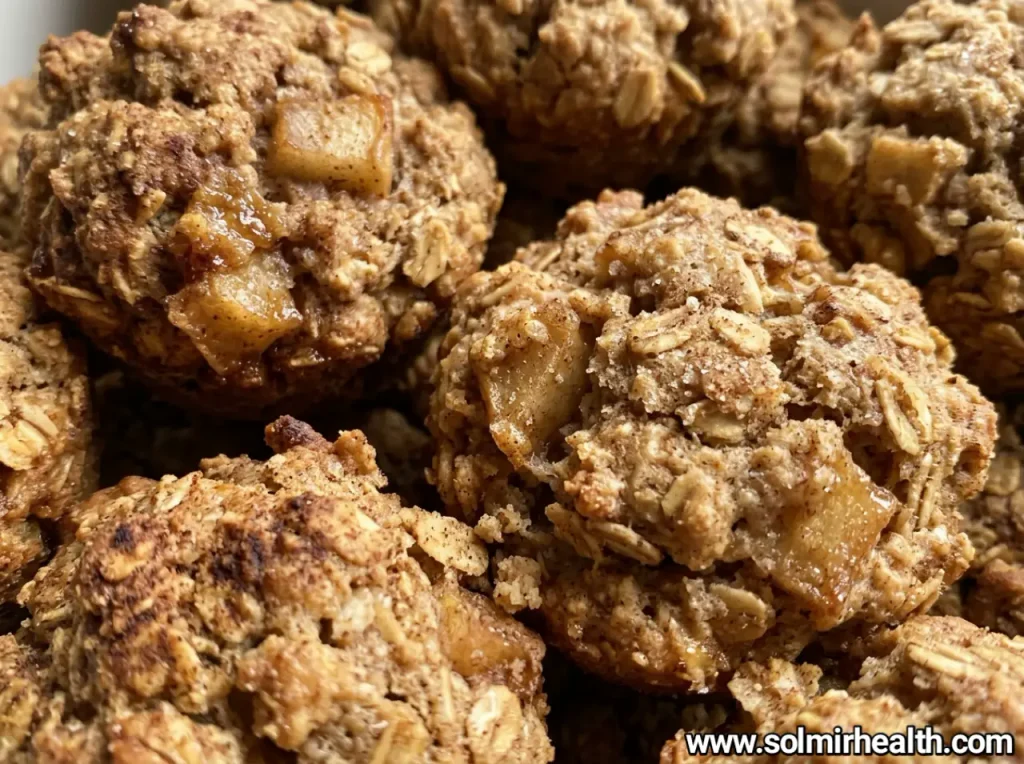 Apple cinnamon oat bites with dried apple pieces on parchment paper
