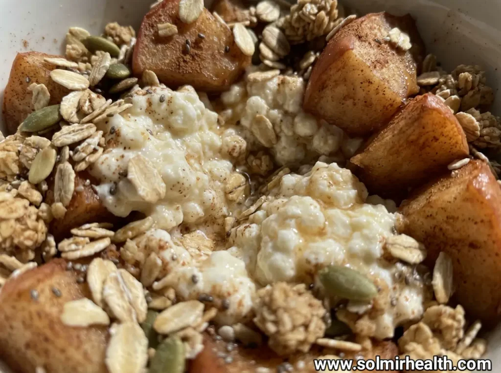 A bowl of cottage cheese with diced apple, cinnamon and walnuts