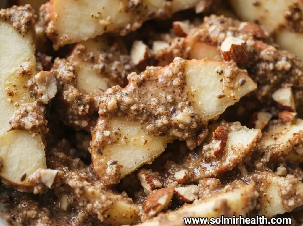 Red apple slices on a plate beside a small bowl of almond butter