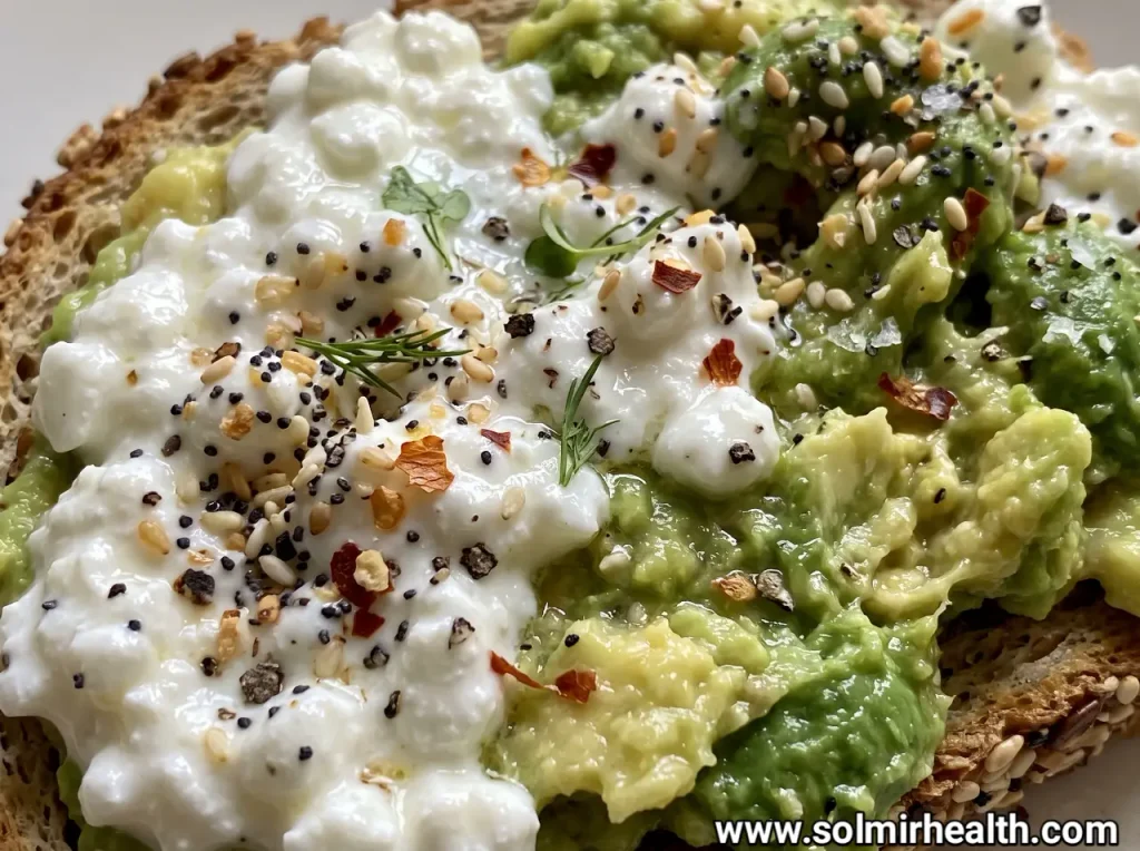 Whole grain toast spread with mashed avocado and topped with cottage cheese and black pepper