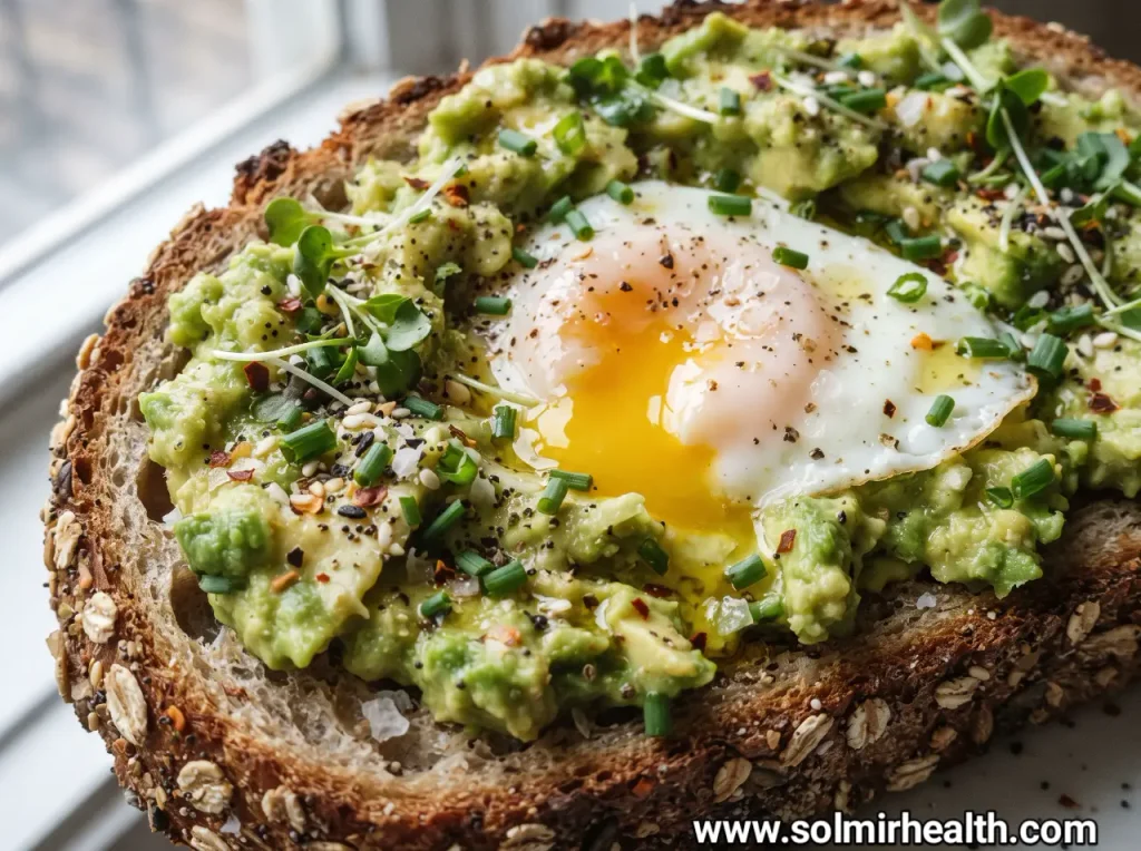 Slice of healthy snack recipes of seeded toast spread with mashed avocado and topped with sliced hard boiled egg
