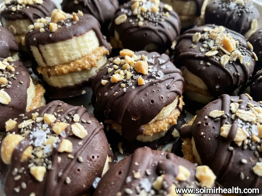 Banana chocolate no bake protein bites with chocolate chips on a plate