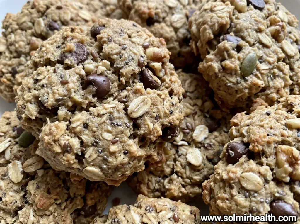 Soft banana oat cookies with chocolate chips beside sliced banana
