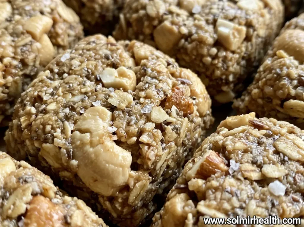 Cashew maple bites topped with flaky sea salt in a shallow dish