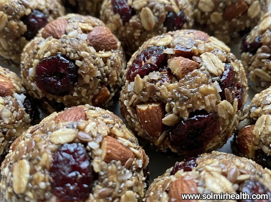 Cherry almond oat bites with sliced almonds and dried cherries