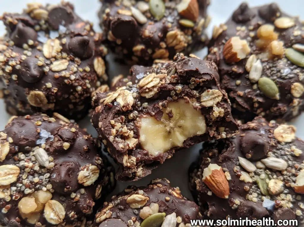 Frozen banana bites coated in dark chocolate and sprinkled with shredded coconut