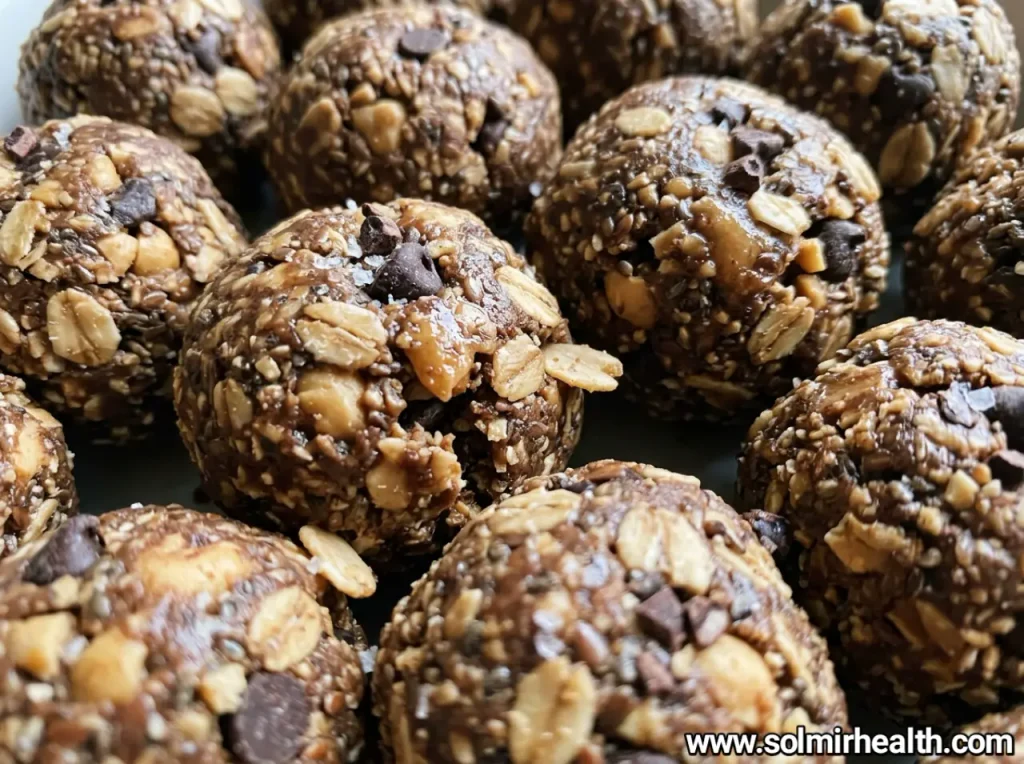 Chocolate peanut butter no bake protein bites in a white bowl