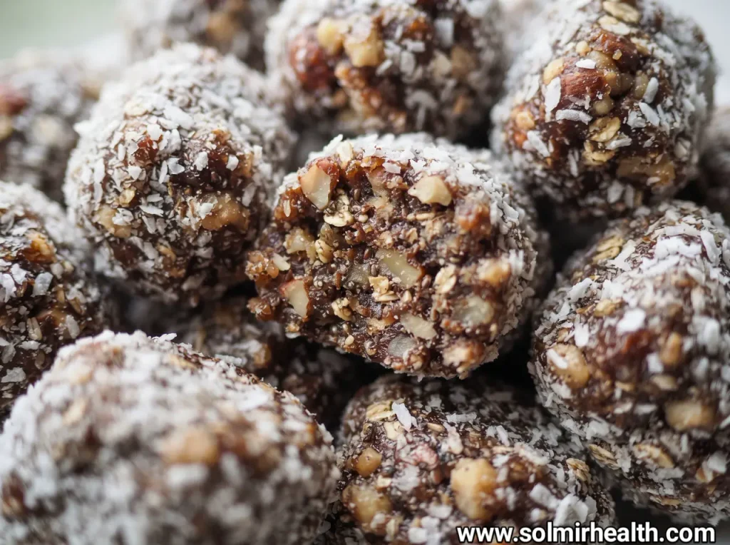 Chewy coconut date rolls coated in shredded coconut with an almond showing in the center