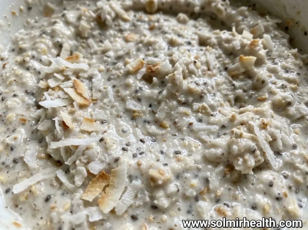 Jar of creamy coconut protein pudding topped with coconut flakes