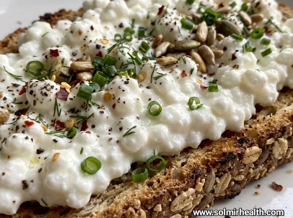 Whole grain toast spread with cottage cheese and topped with avocado, cherry tomatoes and chili flakes