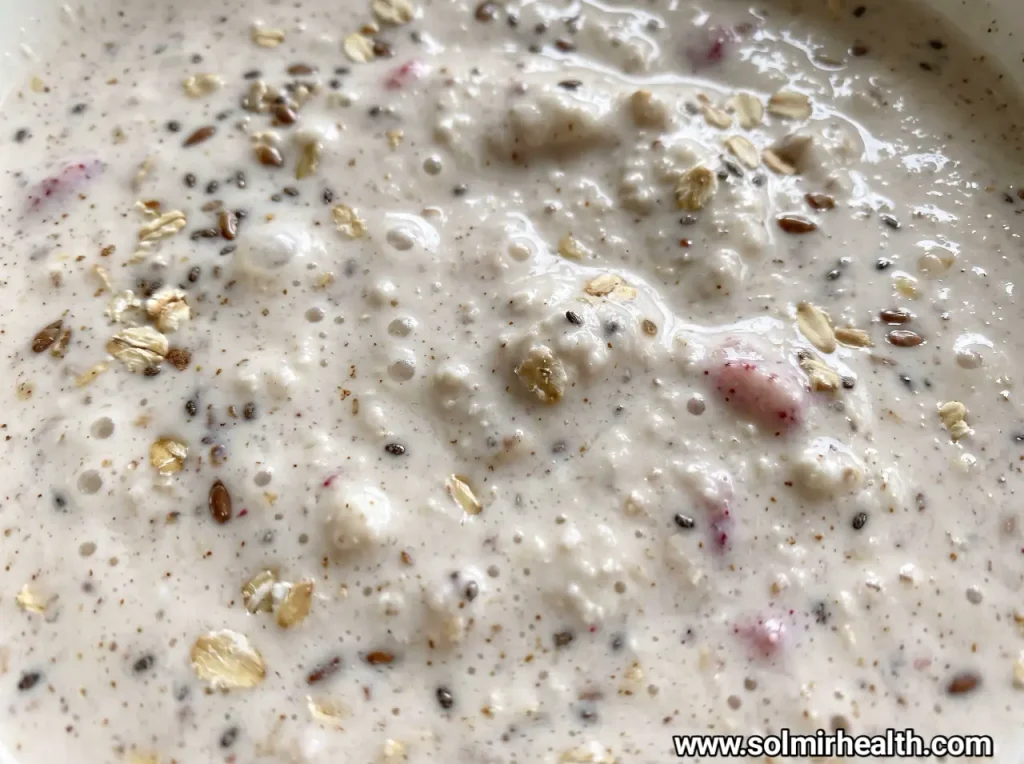 Glass of creamy cottage cheese banana smoothie with cinnamon on top