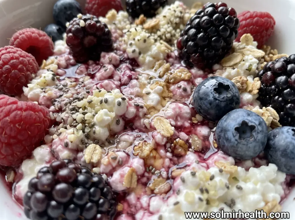 A white bowl of cottage cheese snacks topped with fresh blueberries, honey and chia seeds