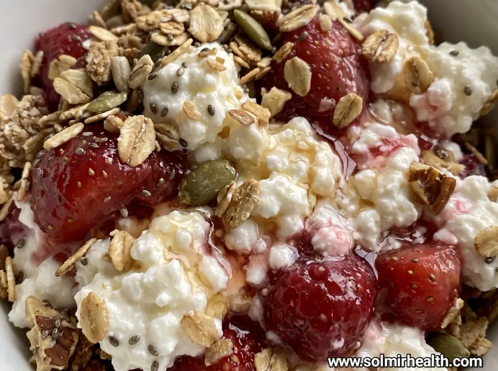 Cottage cheese breakfast parfait layered with granola, mixed berries, honey and almonds in a glass