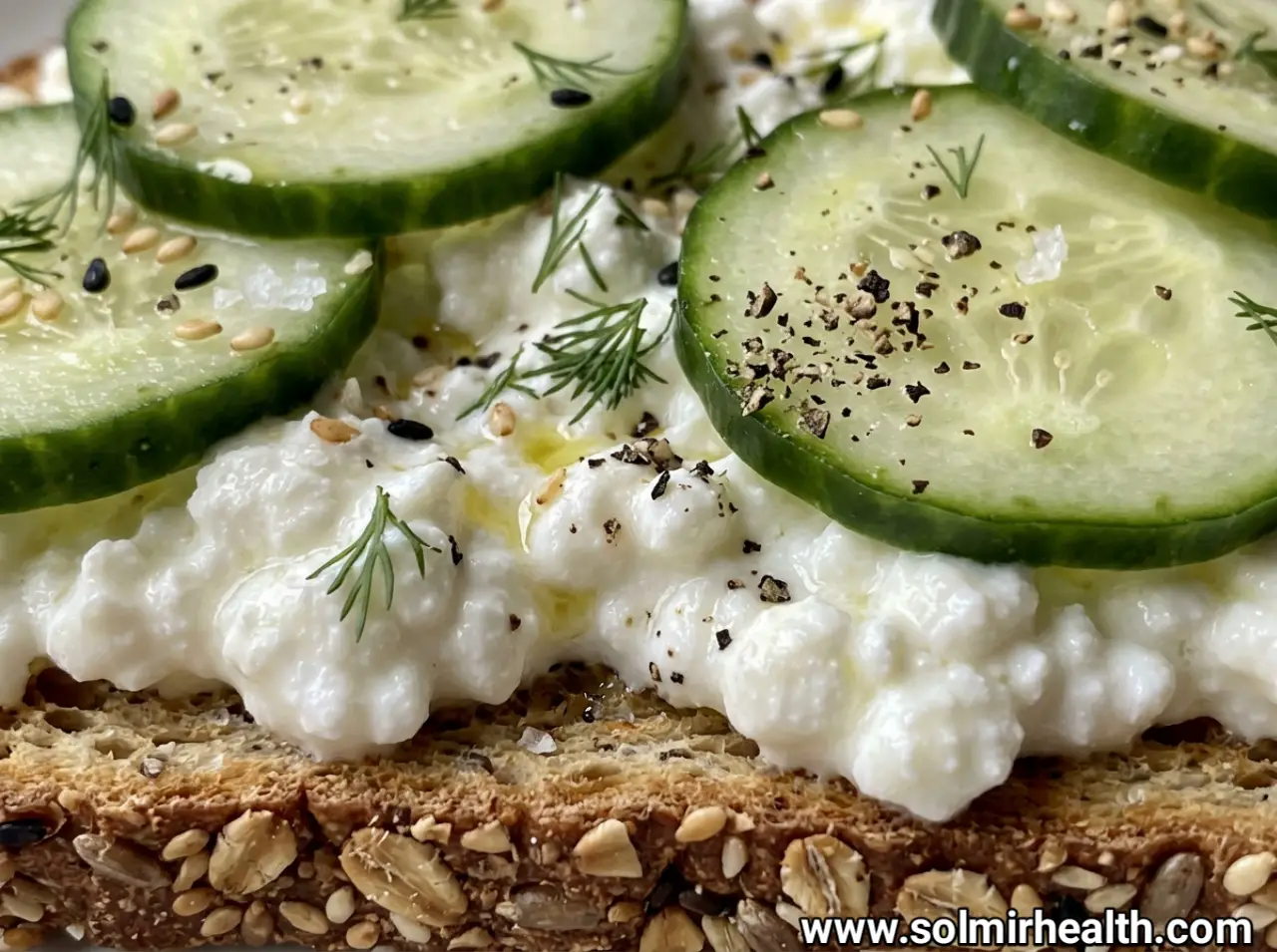 Toast topped with cottage cheese and overlapping cucumber slices