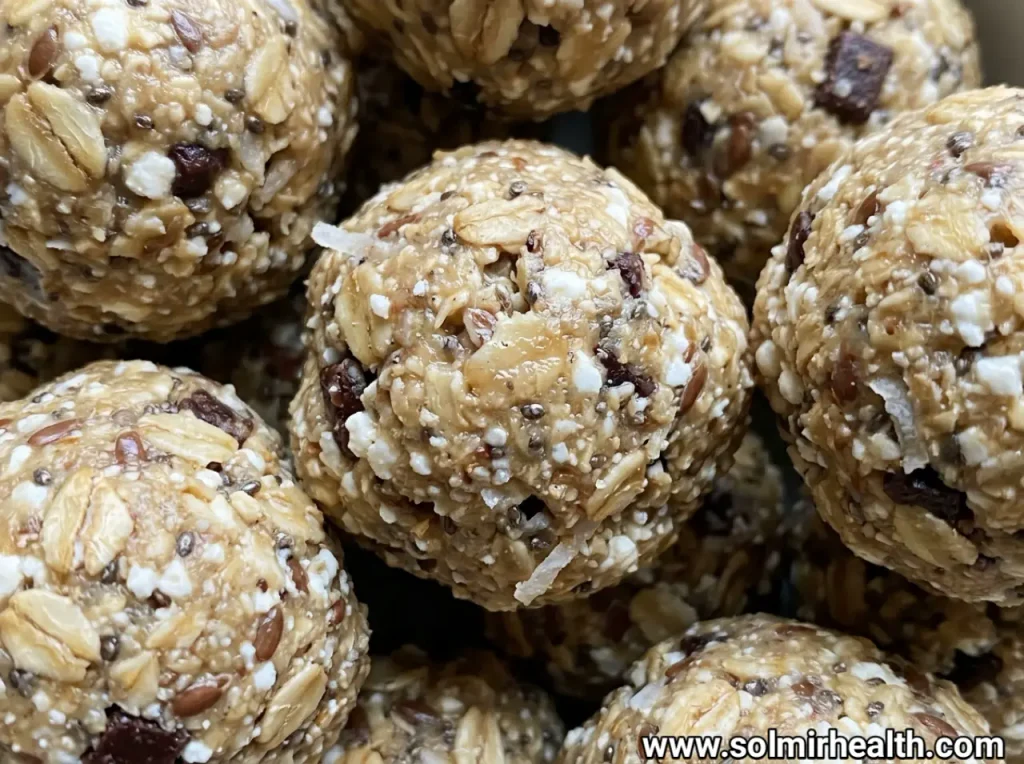 Round cottage cheese energy bites made with oats and peanut butter in a small bowl