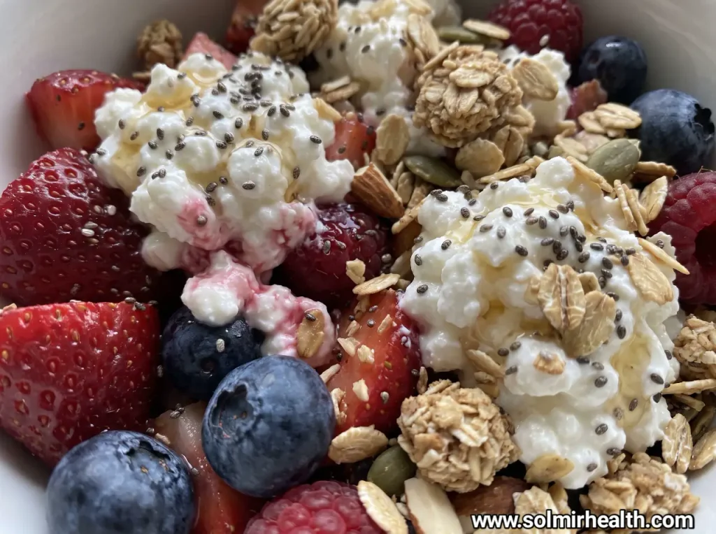 Cottage cheese fruit bowl with blueberries, strawberries, honey and chia seeds