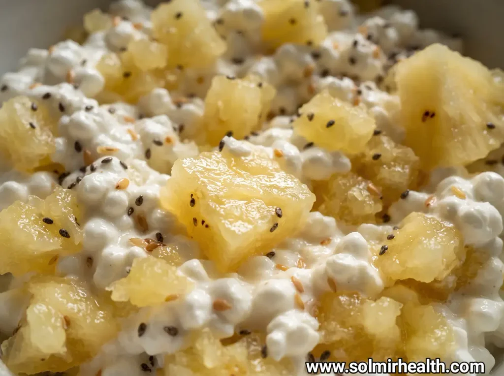 White bowl of cottage cheese topped with pineapple chunks and a dusting of cinnamon