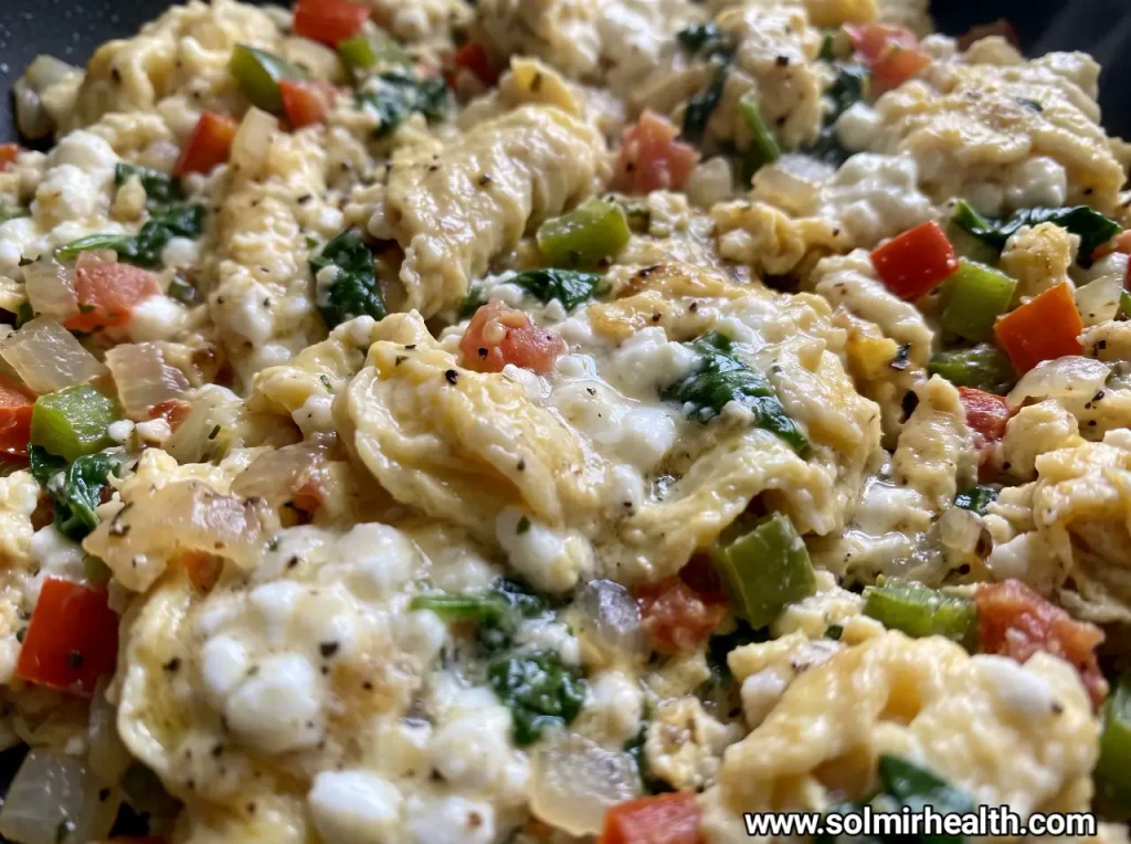Veggie scrambled eggs with cottage cheese, spinach and diced bell pepper in a skillet