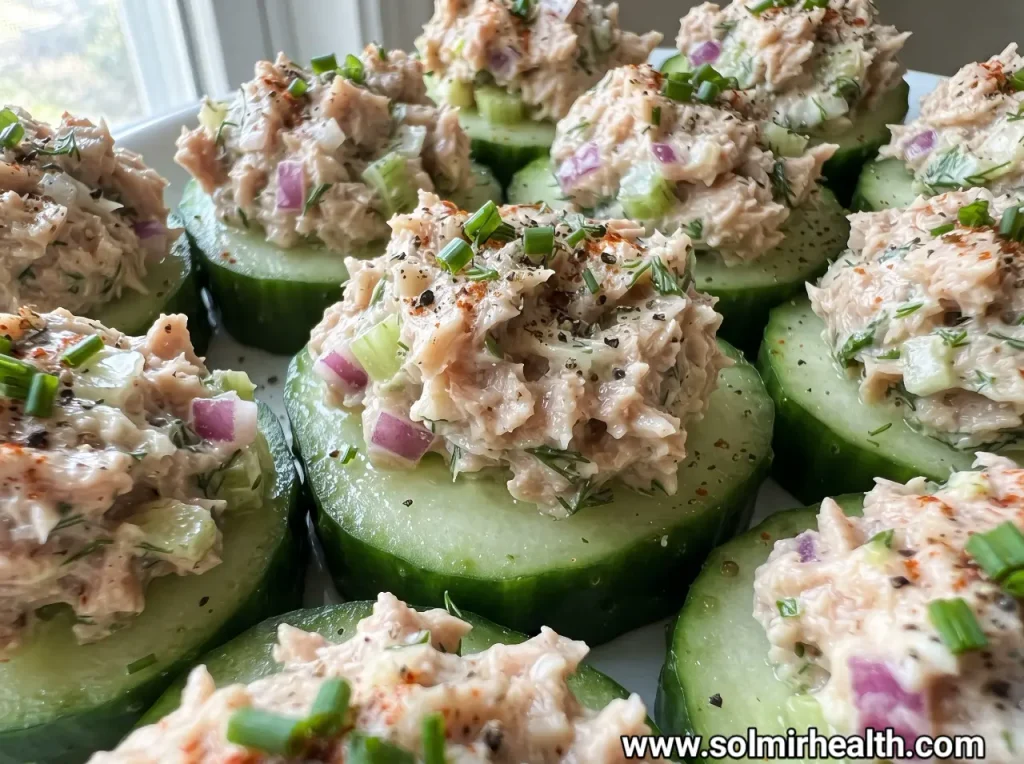 Cucumber cups filled with tuna salad and topped with green peas on a white platter