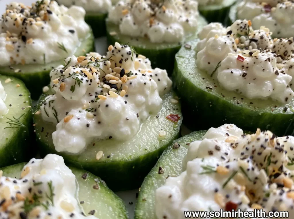 Cucumber rounds topped with cottage cheese and herbs on a plate, a simple one of the cottage cheese snacks