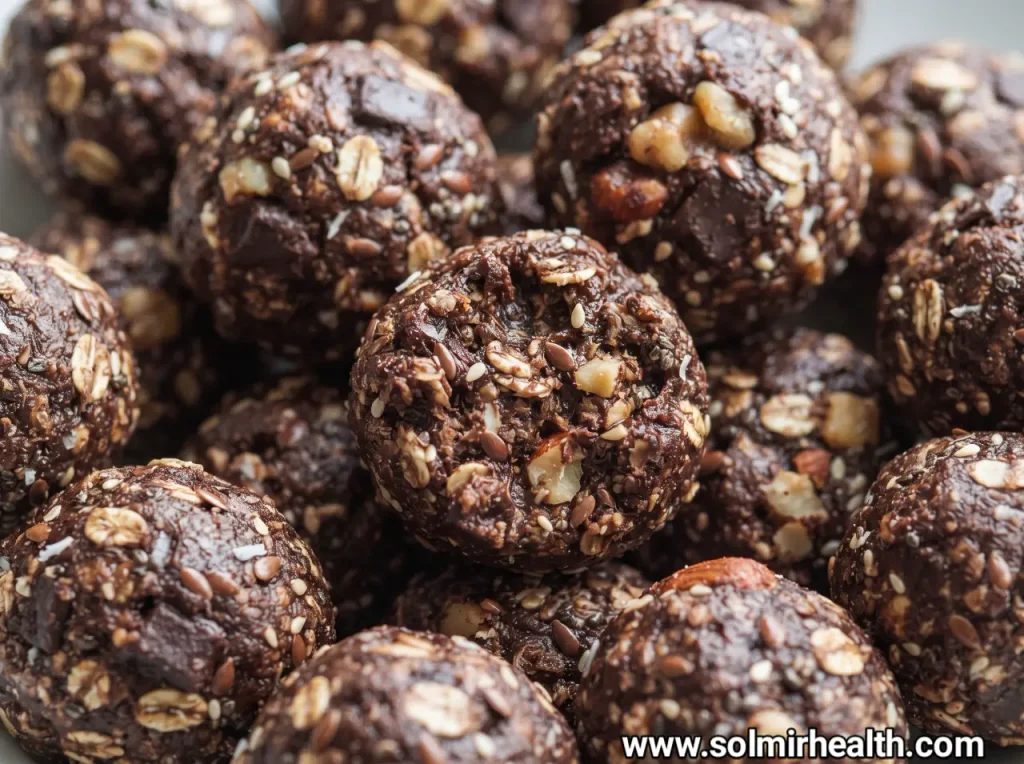 Bowl of round dark chocolate energy balls rolled in chopped nuts