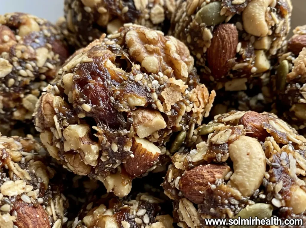 Dark cocoa dates and nuts bites stacked in a ceramic bowl