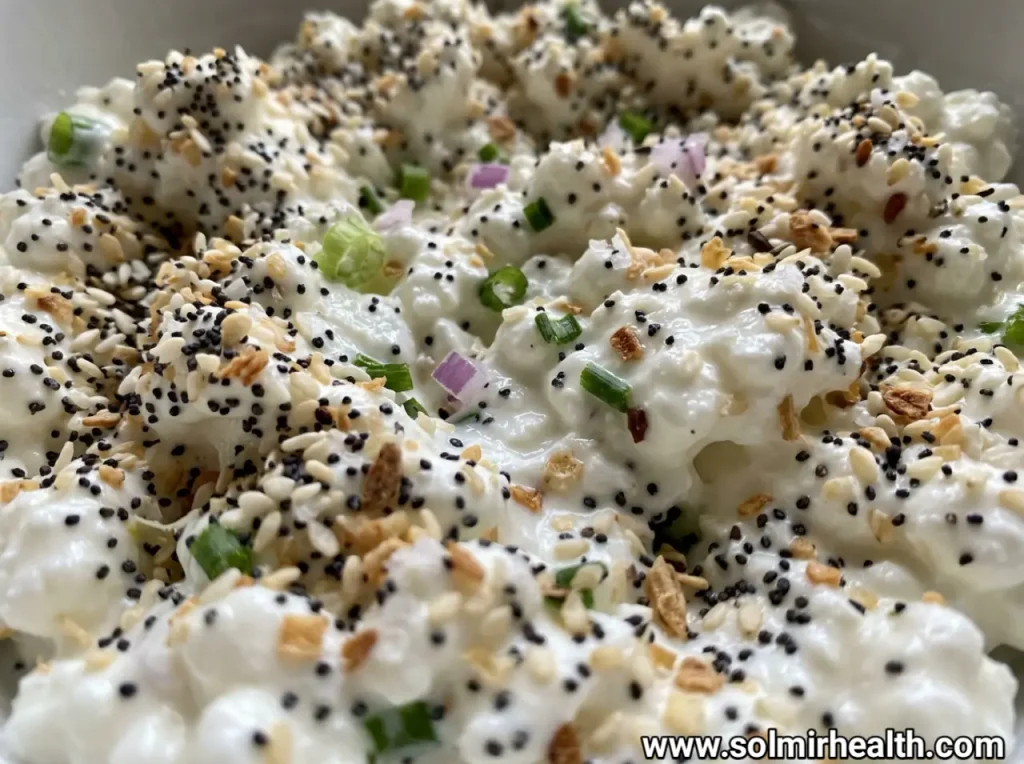 A bowl of cottage cheese sprinkled with everything bagel seasoning