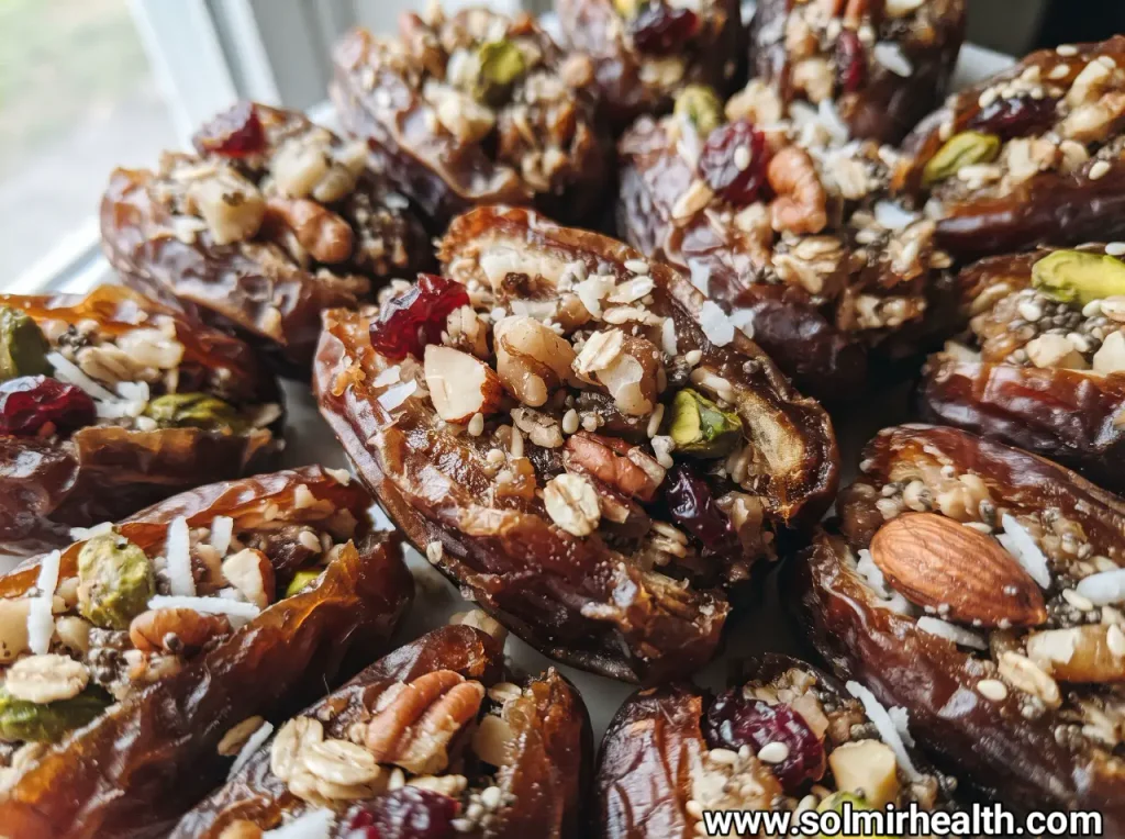 Medjool dates stuffed with almond butter and topped with chopped nuts and coconut
