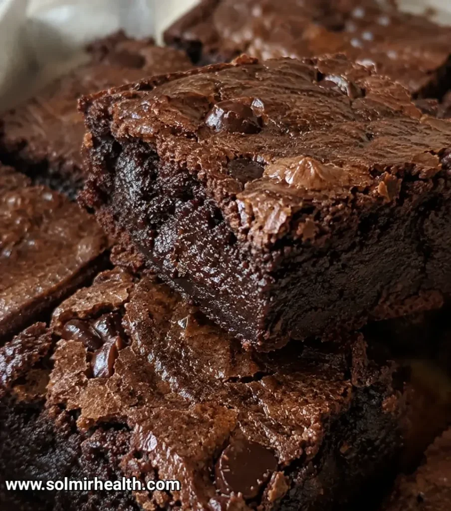Two fudgy low carb brownies stacked with a shiny cracked top