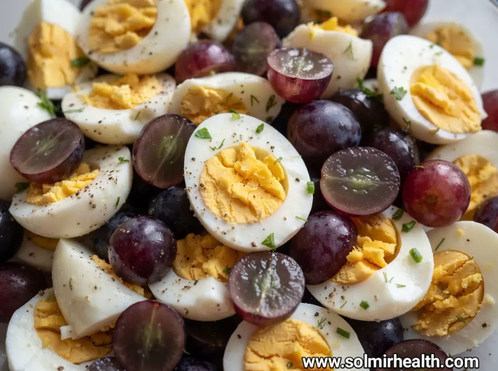 Halved hard boiled eggs with seasoned yolks next to a bunch of green grapes on a plate