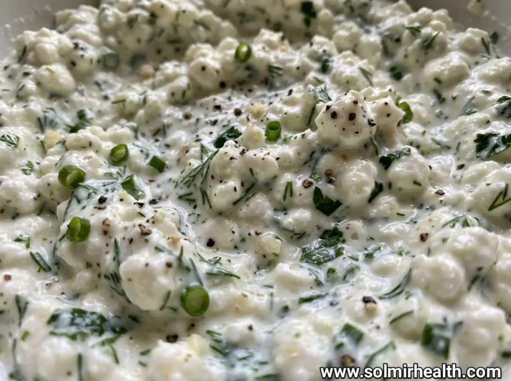 A bowl of creamy herb cottage cheese dip served with carrot sticks