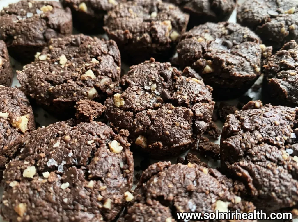Stack of fudgy keto brownie bites cut into squares