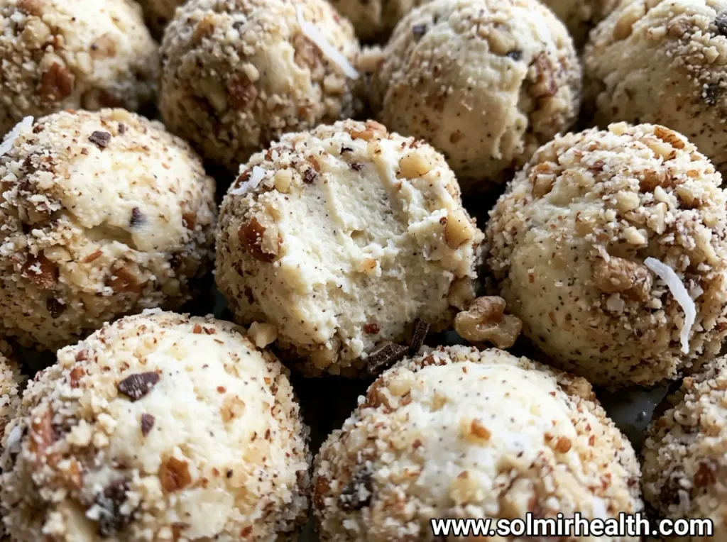 Plate of white keto cheesecake fat bombs rolled in almond flour