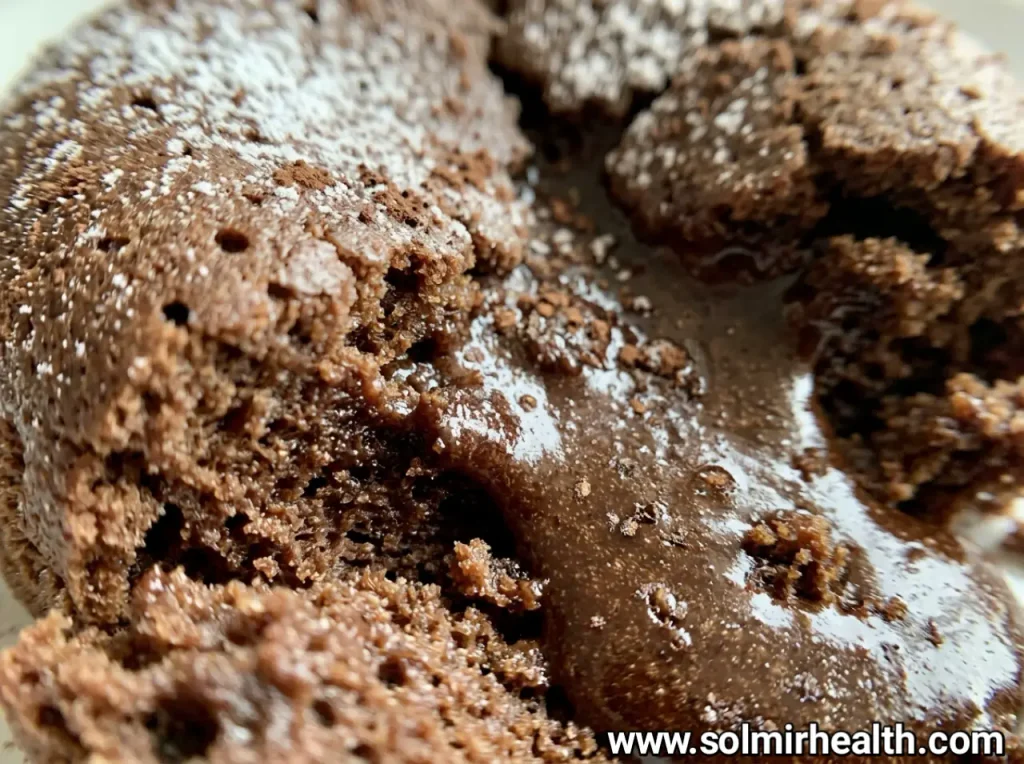 Keto chocolate lava cake cut open with melted chocolate flowing from the center