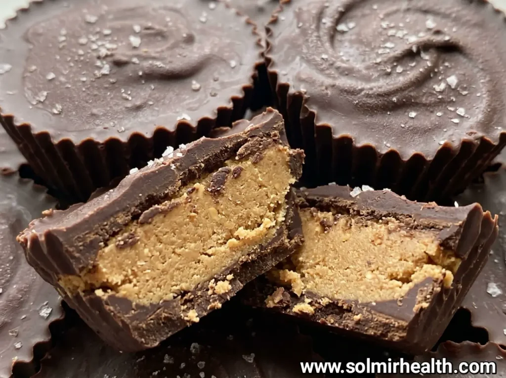 Keto chocolate peanut butter cups with one cut to show the peanut butter center