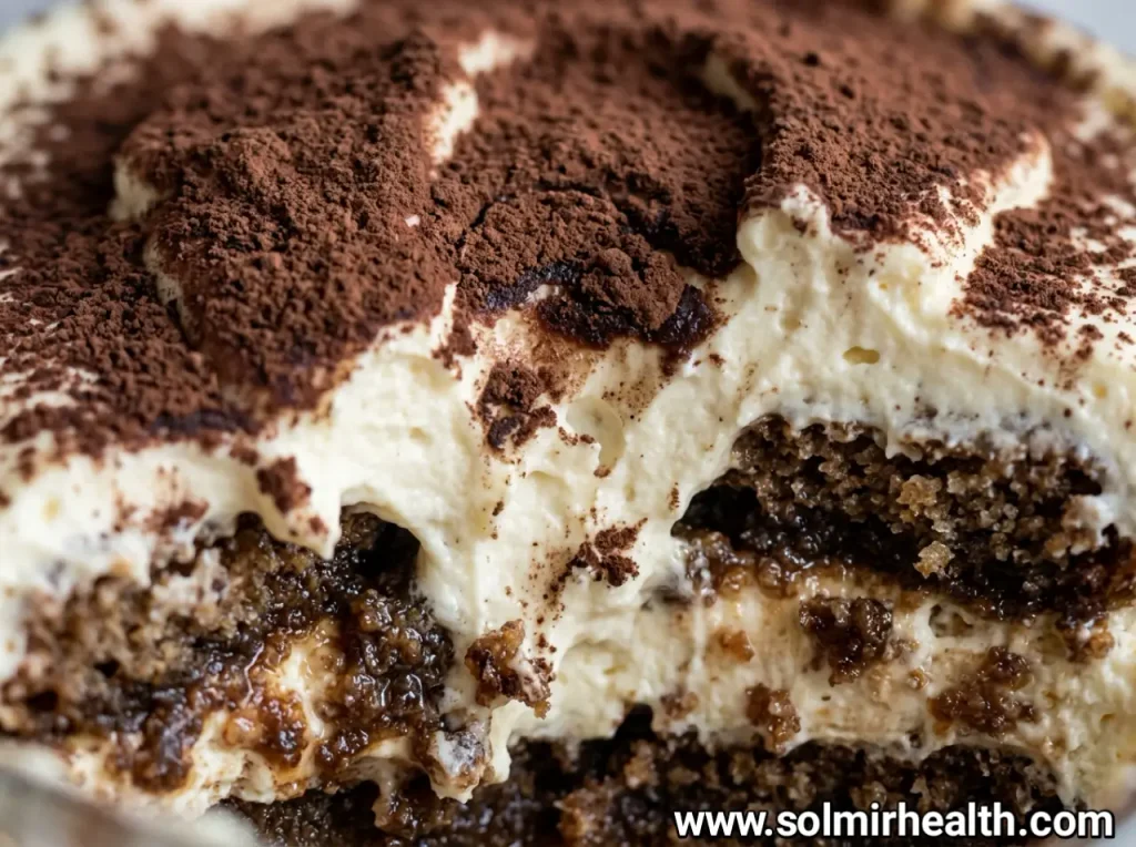 Layered keto tiramisu cup dusted with cocoa powder