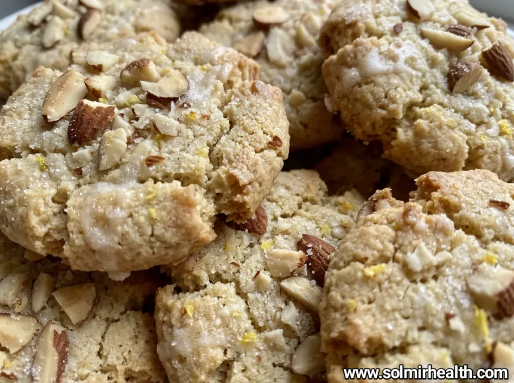 Lemon almond cookies with poppy seeds on a white plate