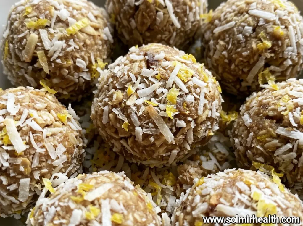 Lemon coconut bites rolled in coconut next to a halved lemon