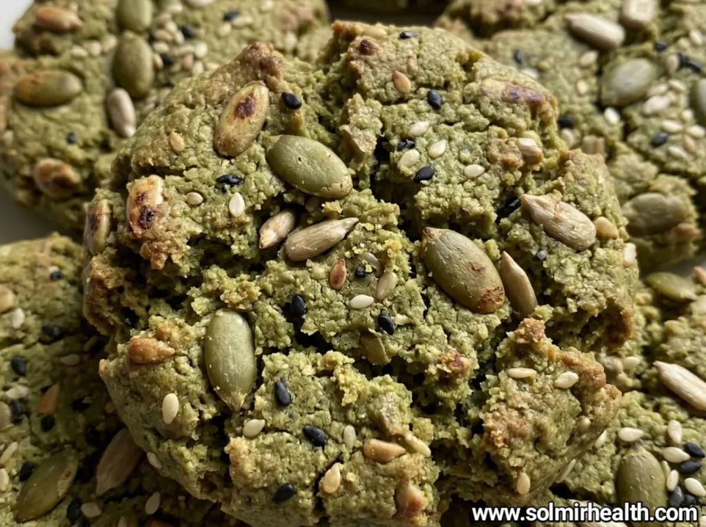 Green matcha seed cookies topped with pumpkin seeds and chia seeds