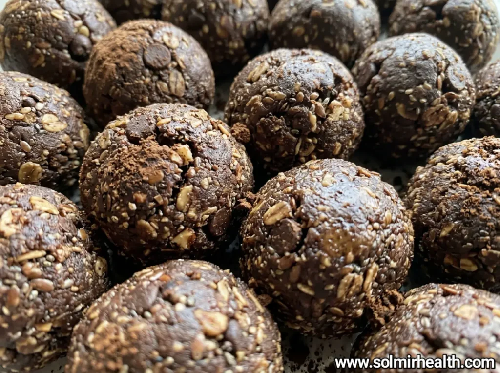 Mocha cocoa oat bites in a bowl beside a small cup of coffee