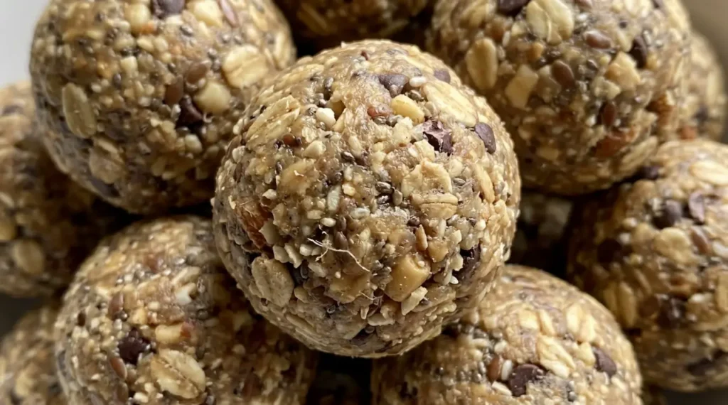 A bowl of homemade no bake protein bites with oats and peanut butter on a wooden table